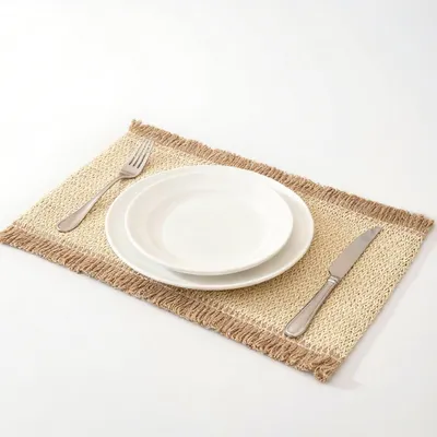 Tischsets, Papiergeflecht, Beige, mit Hanfquaste, 6 Stück