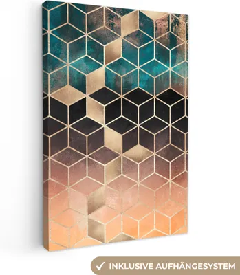 Produktbild von MuchoWow® - Leinwandbilder - Abstrakt - Würfel - Gold - Muster - Luxus, Wandbild, Wanddeko Bilder Wohnzimmer, 20x30 cm