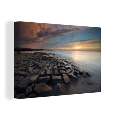 Zdjęcie produktu dla OneMillionCanvasses® - Obraz na płótnie - 150x100 cm, Morze Wattowe - Skały - Słońce, dekoracja ścienna z nadrukiem