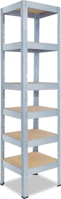 A tall, narrow, five-shelf metal storage rack with wooden shelves, shown against a white background.
