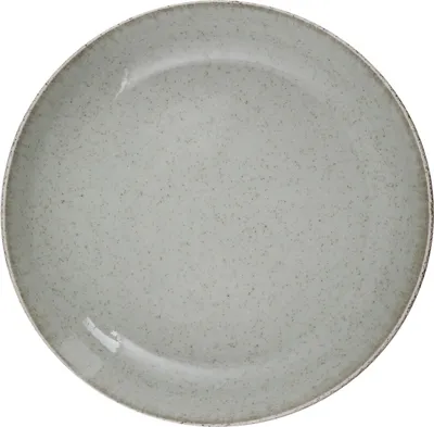A top-down view of a speckled gray plate on a white background.