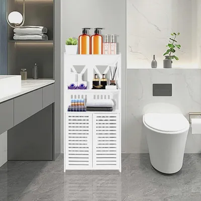Produktbild von Weiß Hochschrank Badezimmer Schmal Kleines Badezimmerschrank mit Doppeltür, wasserdichte Badschrank Freistehender Badezimmer-Aufbewahrungseinheit, Mehrzweck-Aufbewahrungsschrank, 90x40x25cm