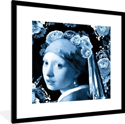 Produktbild von MuchoWow® Gerahmtes Poster Mädchen mit einem Perlenohrring - Rosen - Blau 40x40 cm - Poster mit Schwarzem Bilderrahmen Wandposter Rahmen Foto Bilder - Poster - Plakat im Rahmen