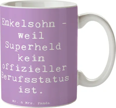 Produktbild von Mr. & Mrs. Panda Becher Spruch Enkelsohn Held - Lavendeltraum - Geschenk, Kaffeepott, Enkel, kaffeebecher bedruckt, Familie, Hommage, Heldenrolle, Erinnerungen, Liebe
