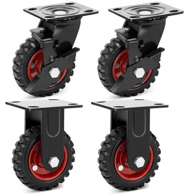 Imagen del producto de Ruedas giratorias para carros de transporte, capacidad de carga de 500 kg, llantas de goma maciza de 125 mm, 4 con freno, 2 fijas, para bancos de trabajo y