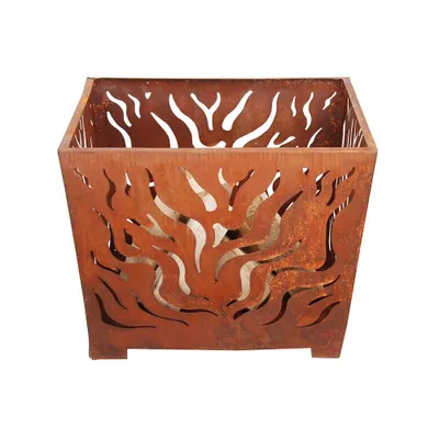 A square, rusty metal fire pit with a flame-like cut-out pattern.