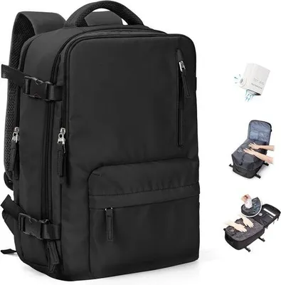 Productafbeelding van Vacuum Backpack met Pomp voor Ryanair 40x30x20 cm - Handbagage Rugzak voor Easyjet en Weekendtrips - Laptop Rugzak Zwart
