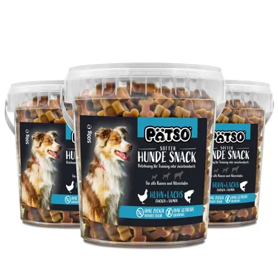 Produktbild von PÄTSO Hunde Snack 3er Pack Trainingssnack, 500g - Huhn + Lachs - Soft Bone