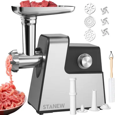 Produktbild von STANEW 4-in-1 Fleischwolf elektrisch 3500 W, Elektrische Wurstmühle mit 3 Edelstahl-Schleifplatten (4/8 mm, fächerförmig) und 3 Klingen