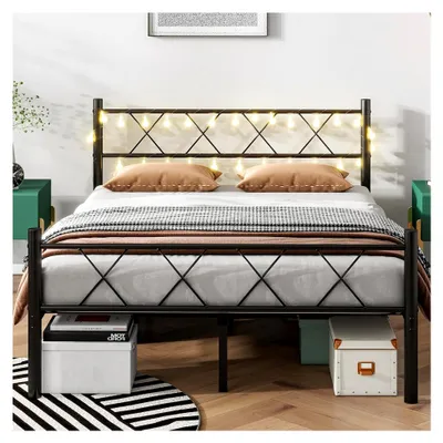 Produktbild von Bettgestell 140x200 mit Beleuchtung,Bett 140x200 mit Lattenrost,Bettrahmen Metall,Metallbett Doppelbett Gästebett Jugendbett mit Stauraum unter dem Bett für Schlafzimmer,Weiß