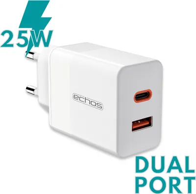 A white dual-port USB charger with a lightning bolt graphic and text overlays.