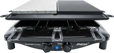 Produktbild von Premium Raclette mit Antihaft-Druckguss-Grillplatte, Germany, Natursteingrillplatte, 8 emaillierte Pfännchen, Stufenloser Temperaturregler