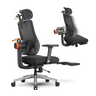 A black ergonomic office chair with a footrest is shown against a white background. The chair has adjustable features highlighted with orange accents and arrows.