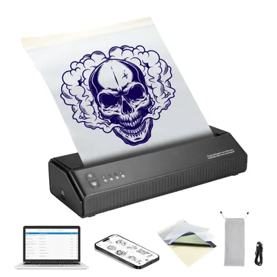 Produktbild von VEVOR Tattoo-Transfer-Schablonendrucker, Kabelloser Bluetooth-Tattoo-Schablonendrucker mit 10-teiligem Transferpapier und Stoffbeutel, Tragbarer Tattoo-Drucker für Android- und iOS-Telefon