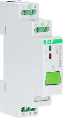 Produktbild von BIS-411BM-LED bistabiles Relais mit Handbedientaste, Speicher, Hutschienenmontage, 230V, mit Einschaltrelais 160A/20ms