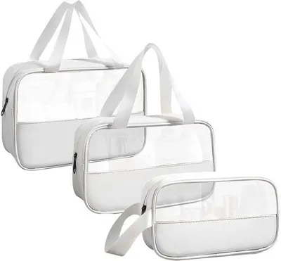 Immagine prodotto di Borsa da viaggio per cosmetici, 3 pezzi, impermeabile, in PVC, set da viaggio per donna, leggero, bianco