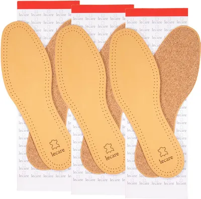 Produktbild von 3 x Ledereinlegesohlen mit echtem Naturkork – Einlegesohlen aus pflanzlich gegerbtem Leder - Korksohlen gegen Schweißfüße - für Damen und Herren Schuhe 38
