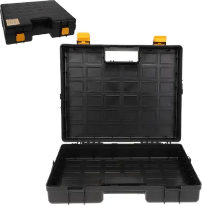 An open black plastic tool case with yellow latches is shown against a white background. A smaller, closed version of the same case is in the upper left corner.