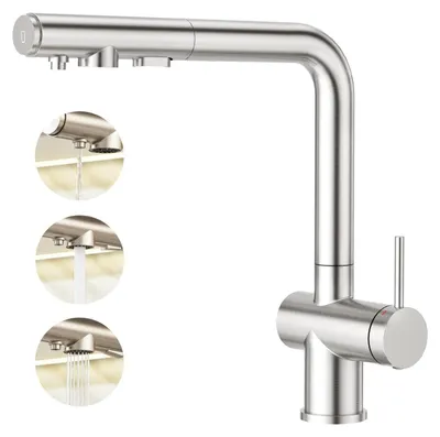 Image de Robinet de cuisine 3-en-1 avec douchette extractible, mélangeur monocommande en acier inoxydable