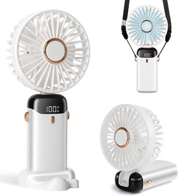 Immagine prodotto di Ventilatore portatile da mano con autonomia di 12 ore - Display a LED - 5 velocità - 3 in 1 (da mano/da collo/da tavolo) - Bianco - 1 pezzo