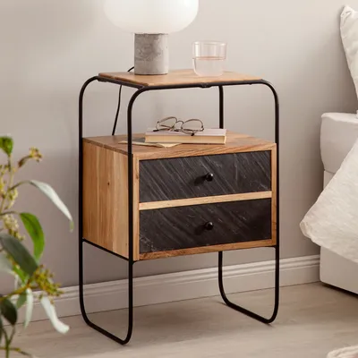 Produktbild von WOHNLING Nachttisch Akazie Massivholz / Steinoptik 40x60x30 cm Nachtschrank Boxspringbett Industrial Nachtkonsole Braun mit 2 Schubladen