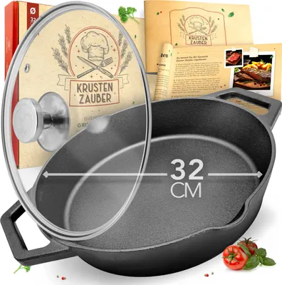 Produktbild von KRUSTENZAUBER 32cm Gusseisenpfanne Induktion - Voreingebrannte Gusseisen Pfanne - Ideale Grillpfanne Induktion, Eisenpfanne, Cast Iron Pan, Bratpfanne, Gusseiserne Pfanne Skillet Gusspfanne
