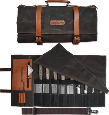 Messerrolle 13 Fächer, gewachstes Canvas, Leder, wasserabweisend, braun