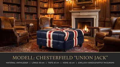 Zdjęcie produktu dla Chesterfield – pufa, taboret, otomanka, wzór Union Jack, ciemnoniebieski, skóra, styl vintage