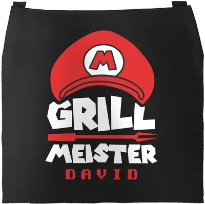 Produktbild von Grill-Schürze für Männer mit Name Grillmeister Super-Griller Parodie Videospiel-Figur lustig Moonworks® Super Rot schwarz Herren