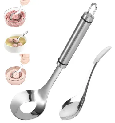 Produktbild von Fleischbällchenlöffel Edelstahl, Fleischbällchenpresse mit ergonomischem Griff, 2-teilig mit Hilfslöffel, zum einfachen Formen von Fleisch- und Gemüsebällchen