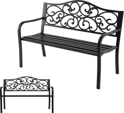 A black metal garden bench is shown from a slightly elevated angle, with a smaller version of the same bench displayed below it.