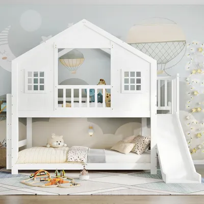 Produktbild von Kinder-Etagenbett mit Rutsche, 90x200 cm, Hausdesign mit Fenster und Dach, weiß