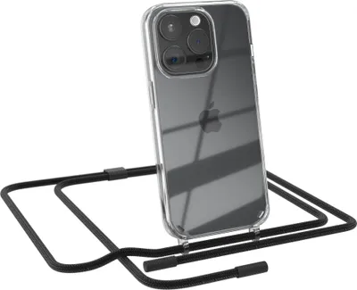 Produktbild von EAZY CASE Handykette für Apple iPhone 15 Pro, Clear Case aus Silikon, mit Umhängeband, abnehmbare Endstücke, Handyband in Schwarz
