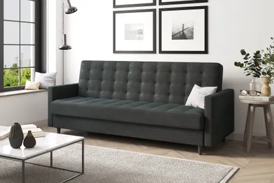 Produktbild von MEBLINI Sofa mit Schlaffunktion - Schlafcouch Ausziehbar - Schlafsofa mit Bettkasten - Sofabett - Couch mit Schlaffunktion - Klappsofa - ANDRES 1 - 218x87x93cm - Dunkelgrau Samt