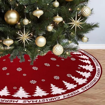 Obrázek produktu pro Dekorační podložka pod vánoční stromek, pletená, červená a bílá, průměr 90 cm, s motivem sněhových vloček