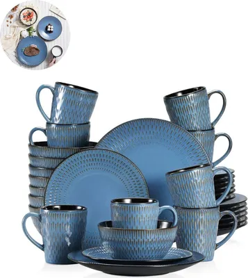 Image de Service de table de luxe - 32 pièces - pour 8 personnes - en céramique - comprenant : assiettes de service, assiettes plates, assiettes à dessert, bols