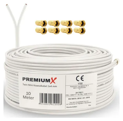 Produktbild von 10m Koaxial Kabel 90dB Twin Mini 2x 4 mm, weiß FullHD + 8x Mini F-Stecker