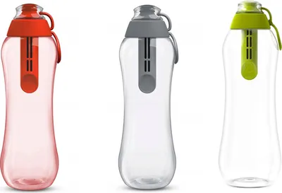 Three water filter bottles in different colors (red, gray, and green) are displayed side-by-side against a white background.