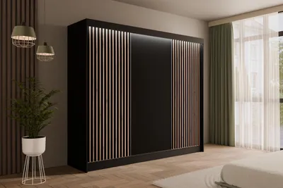 Produktbild von ALTDECOR Kleiderschrank mit Lamel-Schiebetüren,  Führungsschienen und Aluminium- Leisten, LED-Beleuchtung  und Fernbedienung - VILANv2 - 250 cm Schwarz + Lamelle Eiche Wotan