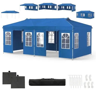 Produktbild von KOMFOTTEU Pavillon, 3 x 6 m Pop up Partyzelt höhenverstellbar, Faltpavillon mit 6 Seitenwänden & Fenstern, Gartenzelt mit Sonnenschutz, Faltpavillon mit Tragetasche & Reflexstreifen (Blau)