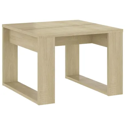 A light brown wooden side table is shown against a white background.