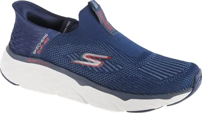 A single blue Skechers slip-on shoe is shown against a white background.