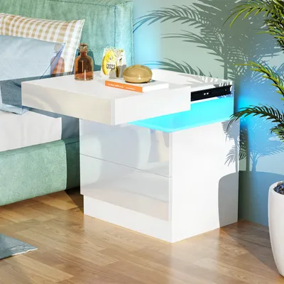 Image de Table de nuit haute brillance avec 2 tiroirs, Led 16 couleurs éclairage blanc