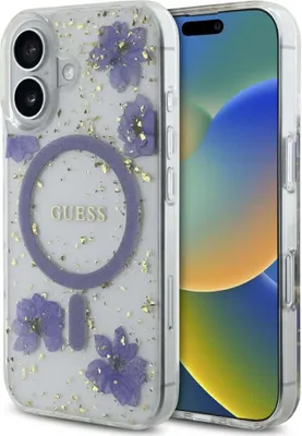 Produktbild von Guess Resin Flowers MagSafe Case für iPhone 16 - Lila
