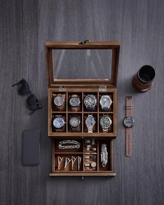 Produktbild von Famanu Uhrenbox mit 2 Ebenen und 8 Uhrenfächern - 19 x 27 x 12,5 cm