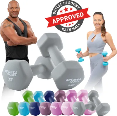 Produktbild von Miweba Sports Profi Neopren Hantel NKH100 | Hantelset - Kurzhanteln - Hexagon - Home Workout - Krafttraining - Anti Rutsch Oberfläche (Grau 2x 6,0 Kg)