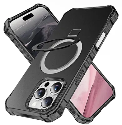 Productafbeelding van Beschermhoes voor Apple iPhone 16 Pro Max, effen kleur, golfpatroon, met MagSafe-ring en houder, zwart