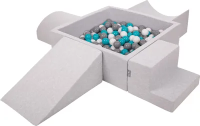 Produktbild von KiddyMoon spielplatz aus schaumstoff mit quadrat bällebad (300 bälle) ballgruben für babys spielbad hindernisläufen, hergestellt in der eu, hellgrau:grau/weiß/türkis