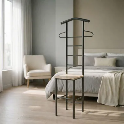 Produktbild von Herrendiener JIVO Stummer Diener Kleiderständer,  Metallgestell schwarz und Ablage in Sonoma Eiche, 121 cm, Garderobe mit Hosenbügel