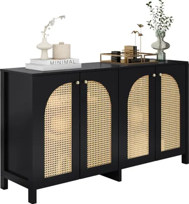 Immagine prodotto di AIORBER Credenza con 4 ante in rattan, molto spazio, maniglia in metallo, design minimalista, per sala da pranzo e soggiorno - nero